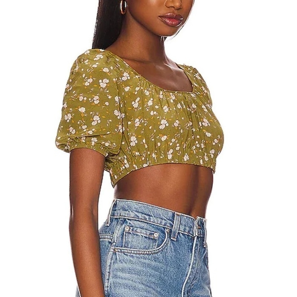 REVOLVE Anna Nata Natalie Crop Smock Olive Wildflower Tie Back Blouse Top